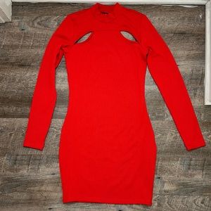 H&M Women’s Scarlet Red Ribbed Mock Long Sleeve Midi Bodycon Dress- Size Small